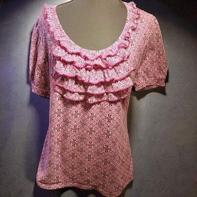 Fashion Bug Small Smoked Blouse Pink Black Geometric Pattern Ruffles Round Neck