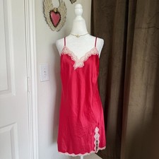 Victoria s Secret Red Satin Slip Dress Lace Trim Coquette Lingerie