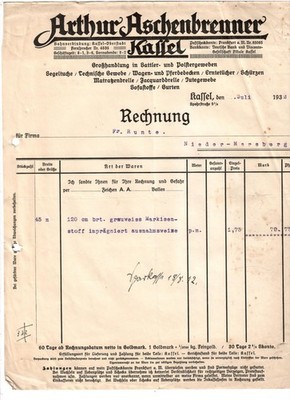 A.)E41-old invoice A.Aschenbrenner Großhlg. Saddler & Upholstery Fabric Kassel 1932