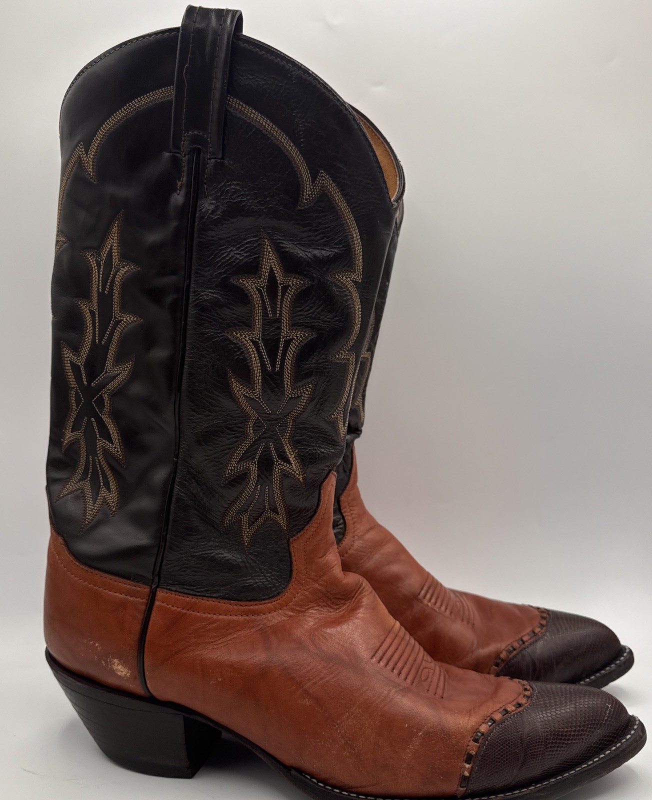 Vintage Men’s Tony Lama Cowboy Boots Two Tone Brown Lizard Wingtip Toe 11.5D USA