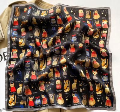 100% Mulberry Silk 20 ''Square Scarf Women Neckerchief Wrap Cartoon Cat black
