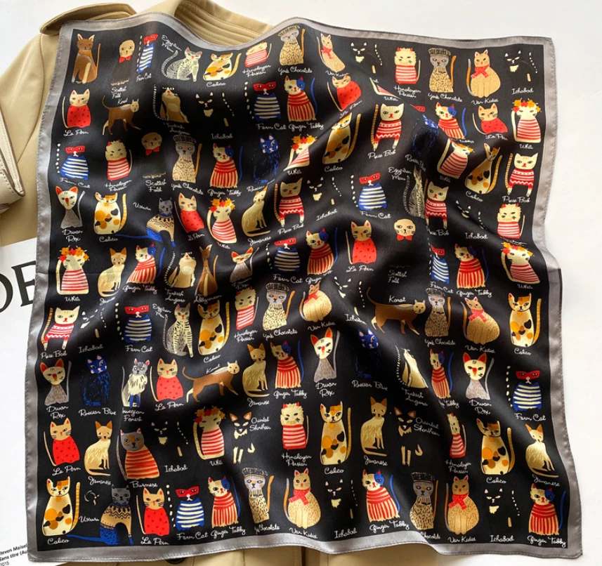 100% Mulberry Silk 20 "Square Scarf Women Neckerchief Wrap Cartoon Cat black - Image 3 of 4