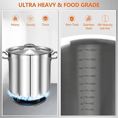 20 Qt Stainless Steel Stock Pot Quart Large Kitchen Soup Big