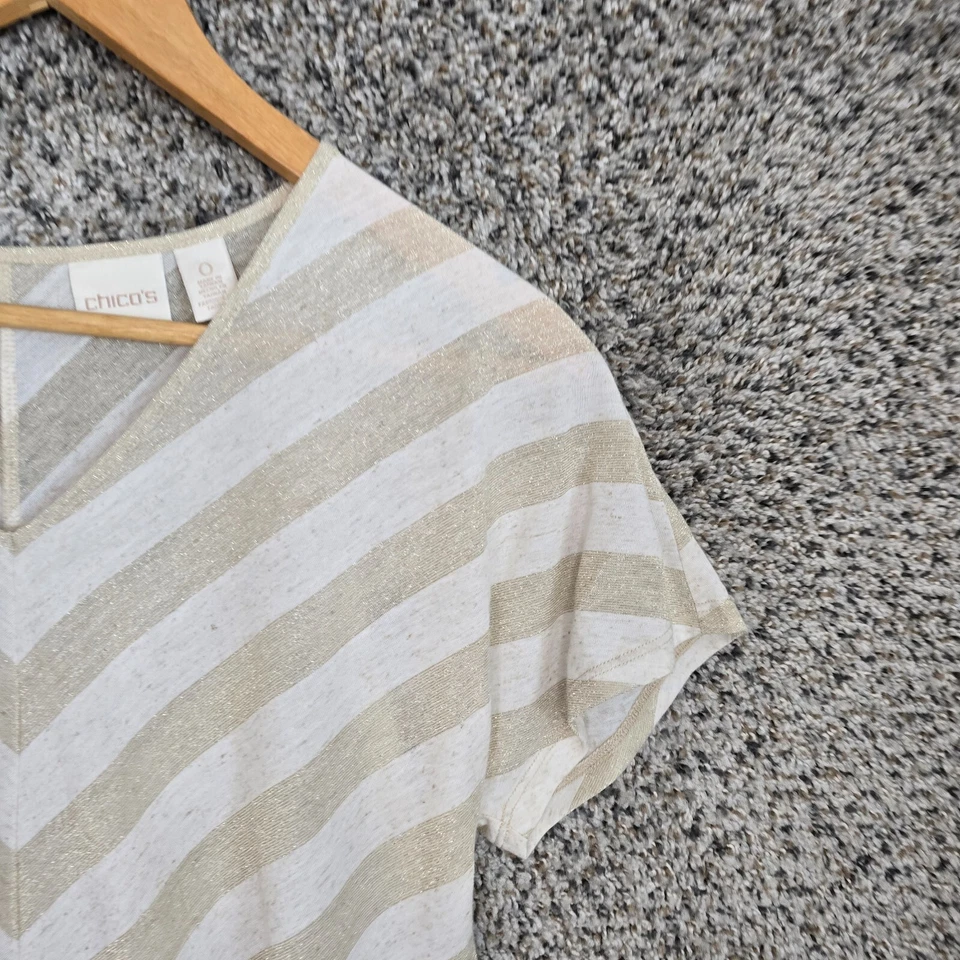 Chicos Top Womens 0 US Small Beige Striped V Neck Sheer Short Sleeve Tee Casual - Image 2 of 4
