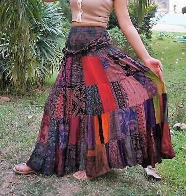 Wevez Pack of 3 Hippie Tiered Maxi Long Vintage Patch Skirts