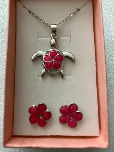 Cute New Silver Rose Pink Resin Fire Opal Turtle Pendant Necklace & Earrings Set - Picture 2 of 4