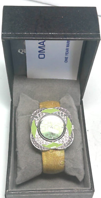 Adrina Quartz Silver Tone Cuff Yellow Green Enamel  Watch Box in box W55 Box1