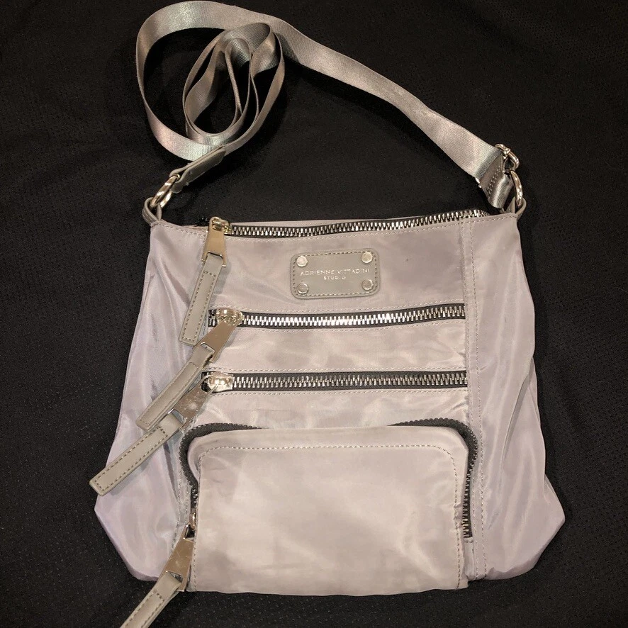 Adrienne Vittadini Studio Multi Zip Gray Nylon Crossbody Handbag
