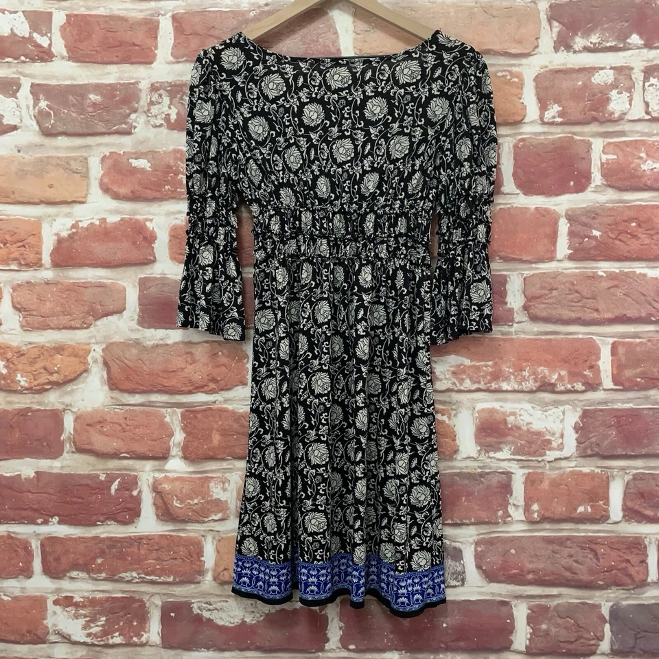 Max Studio Dress Womens Medium Black Multicolor Floral Scroll Stretchy Popover - Image 2 of 4