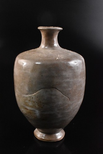 F9619: Japanese Old Mino-ware glay glaze Shapely FLOWER VASE Ikebana