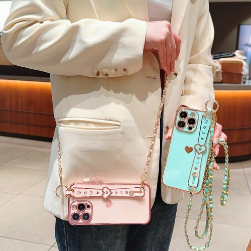 For iPhone 15 14 13 12 11 Pro Max Plating Lanyard Wrist Strap Heart Case Cover - Picture 5 of 25