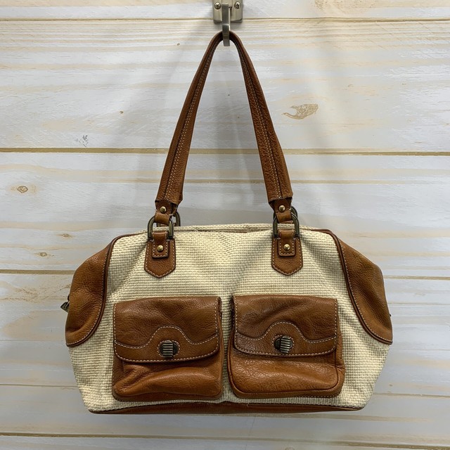 Cole Haan Purse Hobo Cream Woven Brown Leather Front Pockets Shoulder