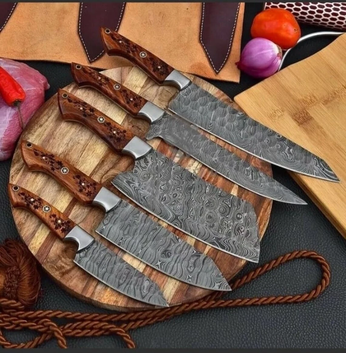 Handmade Damascus Steel Chef Knife Set- 5-Piece Kitchen & Steak Knives w/ Sheath