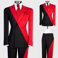 Black Patchwork Men's Suits Peak Lapel Tuxedos Red Formal Evening Blazer Jacket