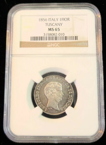 1856 ITALY SILVER 1 FIORINO TUSCANY NGC MS 65 GEM BU BEAUTY A TRUE RARITY