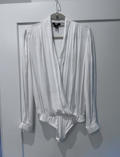 PAIGE White XS Polka Dot Wrap V-Neck Long Sleeve One-Piece Bodysuit