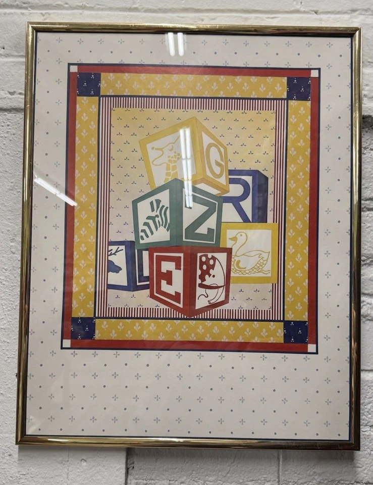 Obra de arte infantil enmarcada vintage 16x20 papel Tole decoupage ABC bloques para bebés Foto 2 de 3