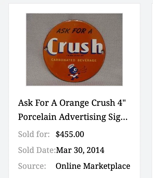 DE COLECCIÓN ORANGE CRUSH BEVERAGE CRUSHY CANTA MÚSICA 4 PORCELANA METAL SODA GAS LETRERO Foto 4 de 4