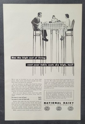1948 National Dairy High Cost of Living Vintage Print ad Table Family