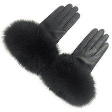 Winter Women's Lambskin Leather Gloves with Fox Fur Trim Multicolor Black Large