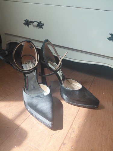 Badgley Mischka Eliana Black Satin Jeweled Platform Heels Size 10 EUC $245