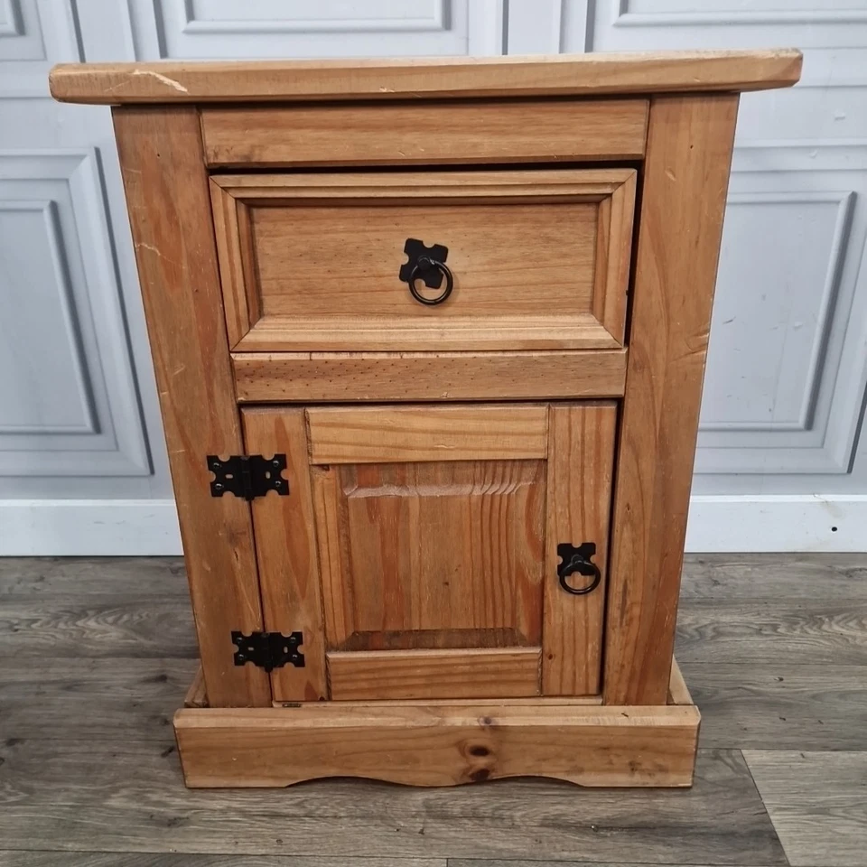 Rustic Solid Pine Bedside Cabinet Drawer & Cupboard -Wood Mexican Style Vintage - Image 3 of 4