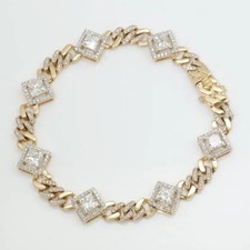 9Ct Round Simulated Diamond Square Halo Cuban Bracelet 925 2-ToneSterling Silver