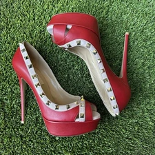 Valentino Rockstud Platform Heels Red Nude Size 37 NWOB