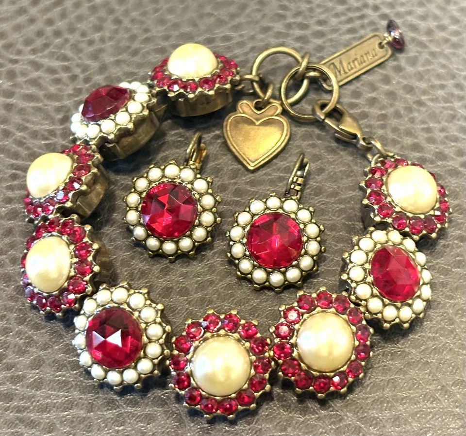 Mariana Siam Red Rhinestone Crystals & Faux Pearls Bracelet Earrings Set - Image 2 of 4