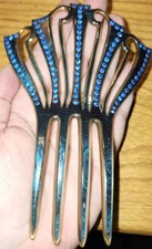 Rare Art Deco 1920s Flapper Celluloid Vibrant Blue Crystal Large Hair Comb