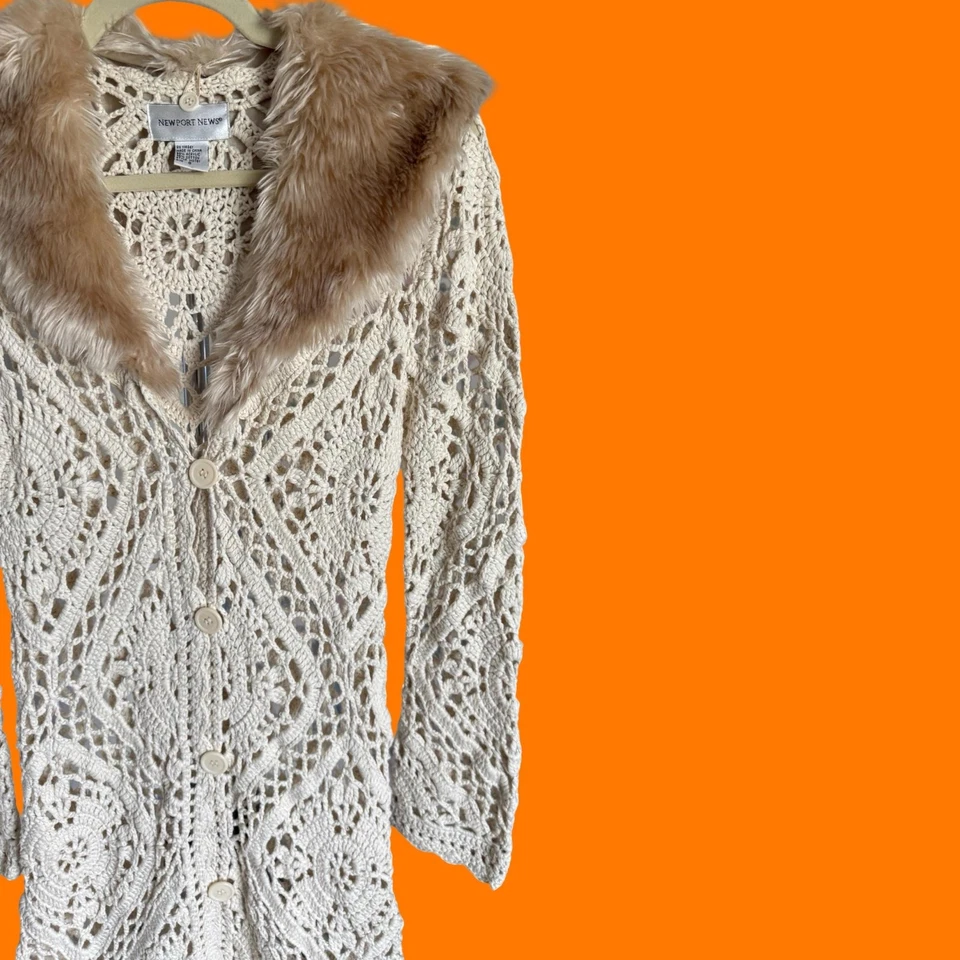 Cárdigan plumero vintage años 00 punto ganchillo manga campana piel sintética y2k PEQUEÑO Foto 2 de 4