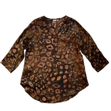 Casual Studio Earthy Bohemian Print Silk Shirt Size M Brown