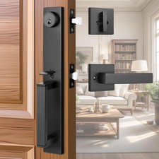 Exterior Door Handle with Deadbolt, Matte Black Front Door Lock Set, Modern Heav