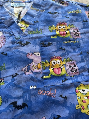 SB Scrubs Halloween Monster Trick Or Treat Print Scrub Top Size Small - Picture 2 of 7