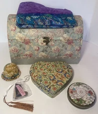Raymond Waites Sewing Box Trunk Notions Tins Kit Pin Cushions Pillow Case