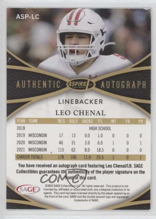 2022 Sage Aspire Hyper Silver Leo Chenal #ASP-LC Rookie Auto RC - Image 2 of 2