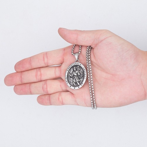 Men St Saint Christopher Medal Pendant Box Chain Necklace Stainless ...