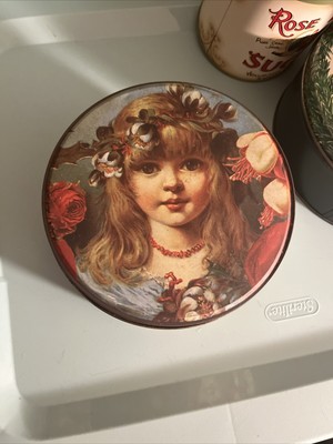 Girl Child w/ Flowers - 6.5'' Round Tin - Victorian Decorative Useful Storage