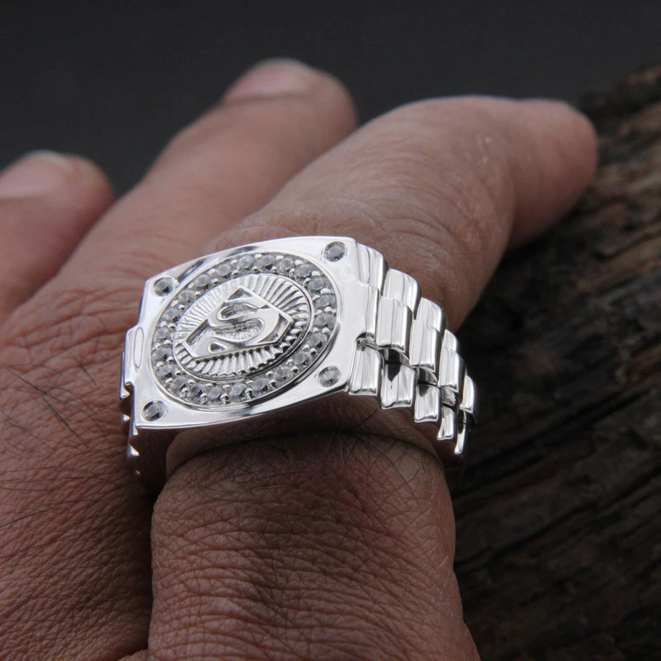 Bague Super Man's S Letter entourant 1,0 ct ronde simulée diamant or 10 carat... - Photo 3/4