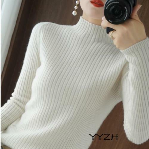 Sweater Women Half High Neck Knitting Pullovers Solid Warm Fit Slim Female Tops-image