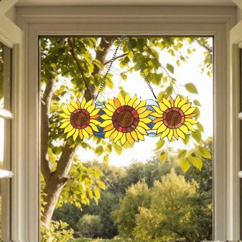 22" Girasol Trío Estilo Tiffany Vitral Floral Ventana Panel Atrapasol - Imagen 10 de 11