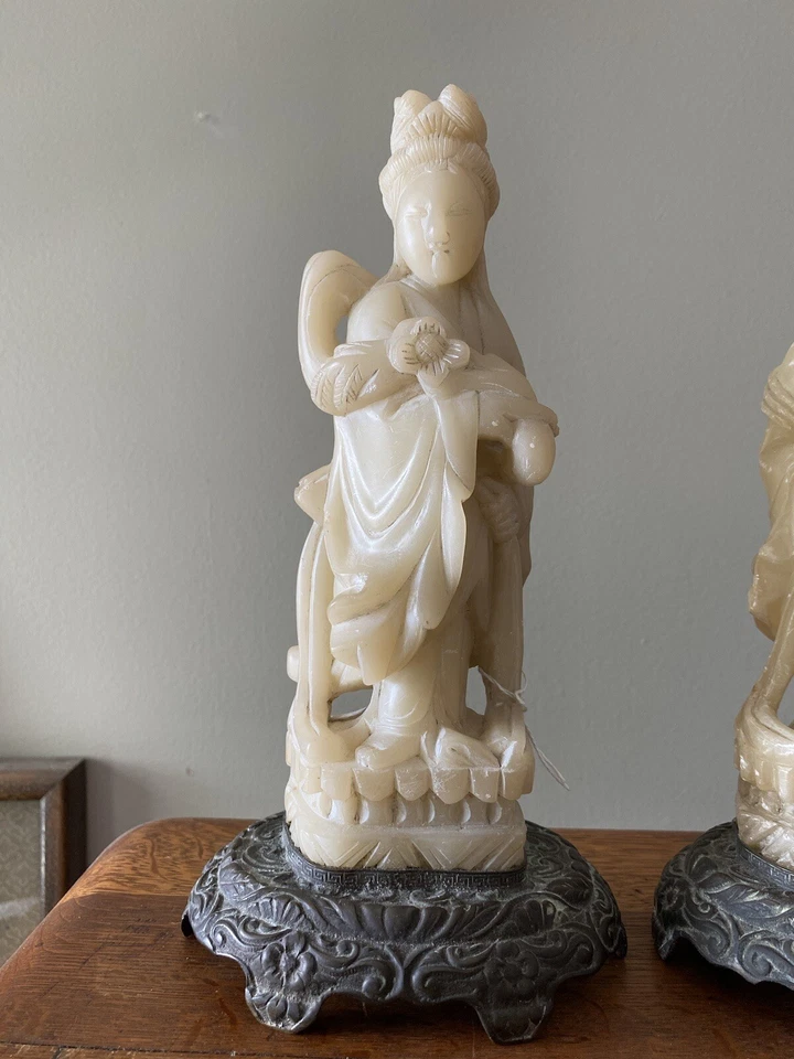 2 Antiguas Tallas de Jabonera China Figura Guanyin Lámparas de Bronce República Jade Foto 4 de 4