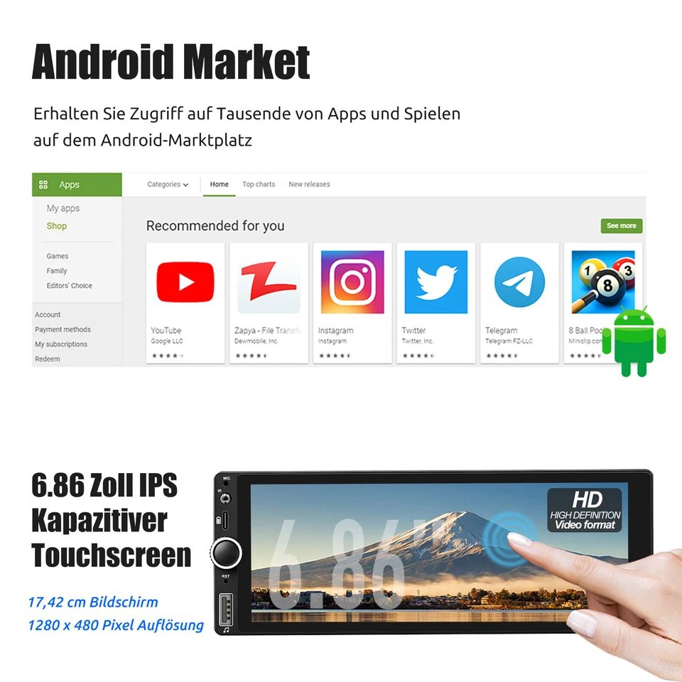 6.86" Android 14 4+64G Carplay Autoradio 1DIN GPS NAV Wifi Bluetooth RDS DAB KAM - Bild 4 von 4