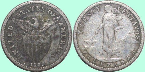 1909-S US/Philippines 20 Centavos ~ Filler ~ Allen#11.05 ~ Silver ~ Y663