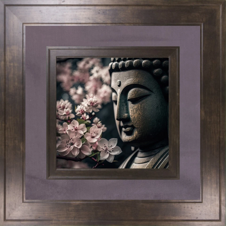 Buddha with Apple Blossoms Double Frame Non-Glare Espresso Walnut Frame & Fabric - Image 3 of 4