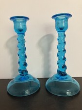Vintage Tiffin Spiral Sky Blue Glass Candle S...