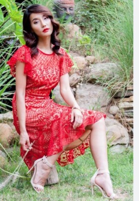 custom made lace dress Custom Made 3D Flower Red Lace Quinceanera Dresses Off the Shoulder Ba –  Simplepromdress main image 0