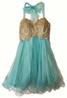 NARIANNA Beaded Lace Bodice Sleeveless Corset Tie-Neck Tulle Formal DRESS Aqua S