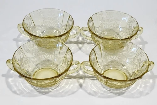 Vtg Federal Glass Madrid Amber Depression Handled Cream Soup Bowls Set of 4