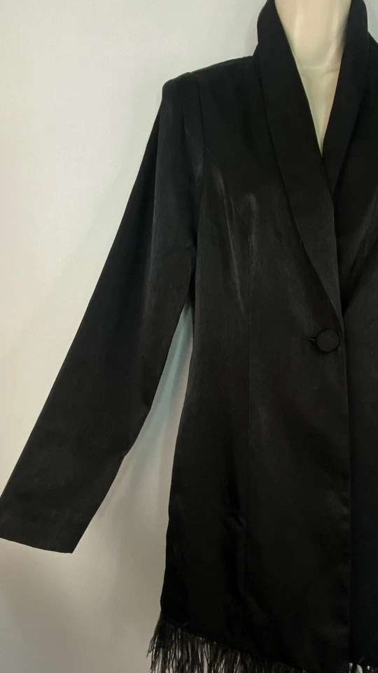 NWT black ADRIANNA PAPEL AIDEN satin tuxedo dress 8 feather fringe wrap jacket - Image 4 of 4